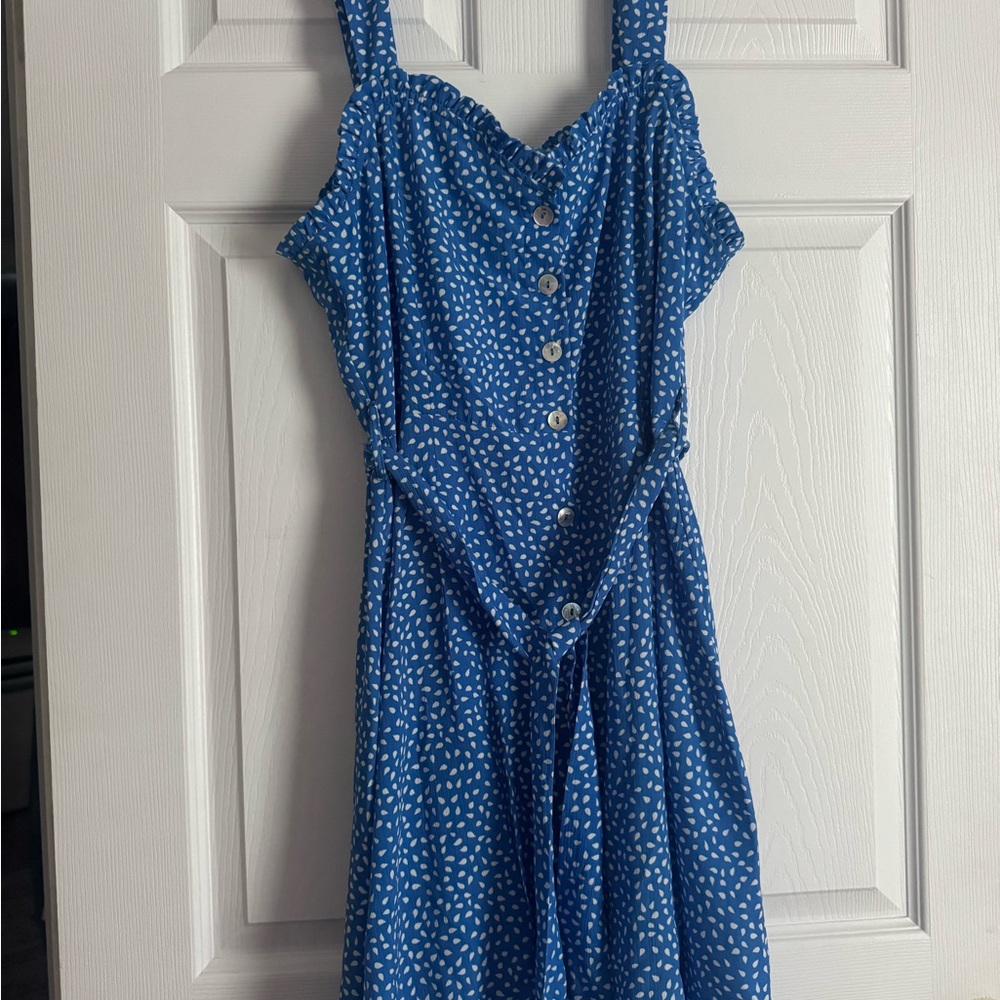 Cozy Casual Blue and White Tie Front Dress